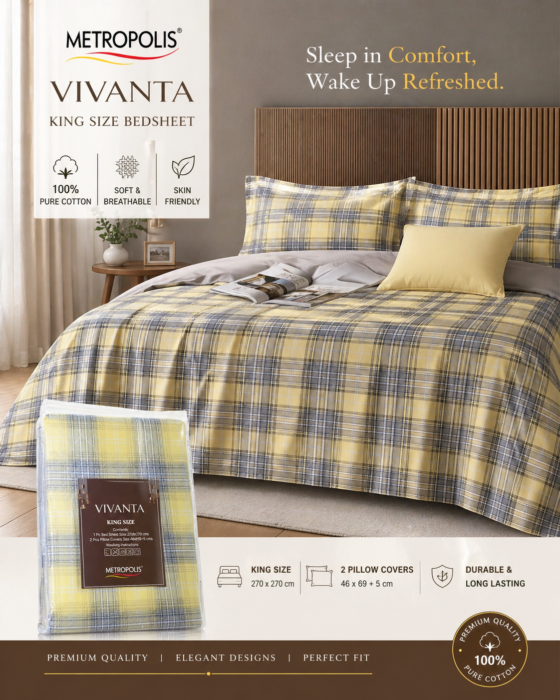 King Size Pure Cotton Bedsheet with 2 Pillow Covers | Premium Soft & Breathable Bed Sheet Set by Metropolis Vivanta