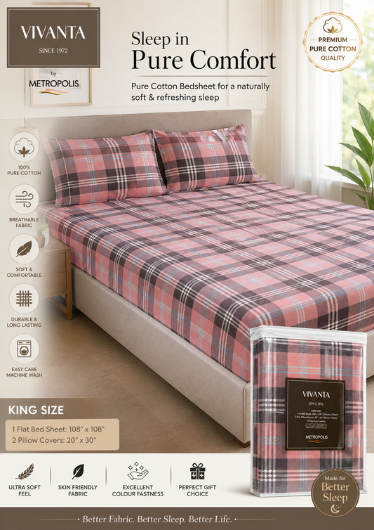 Vivanta Metropolis plaid bedsheet set with packaging on a bed in a bedroom setting.