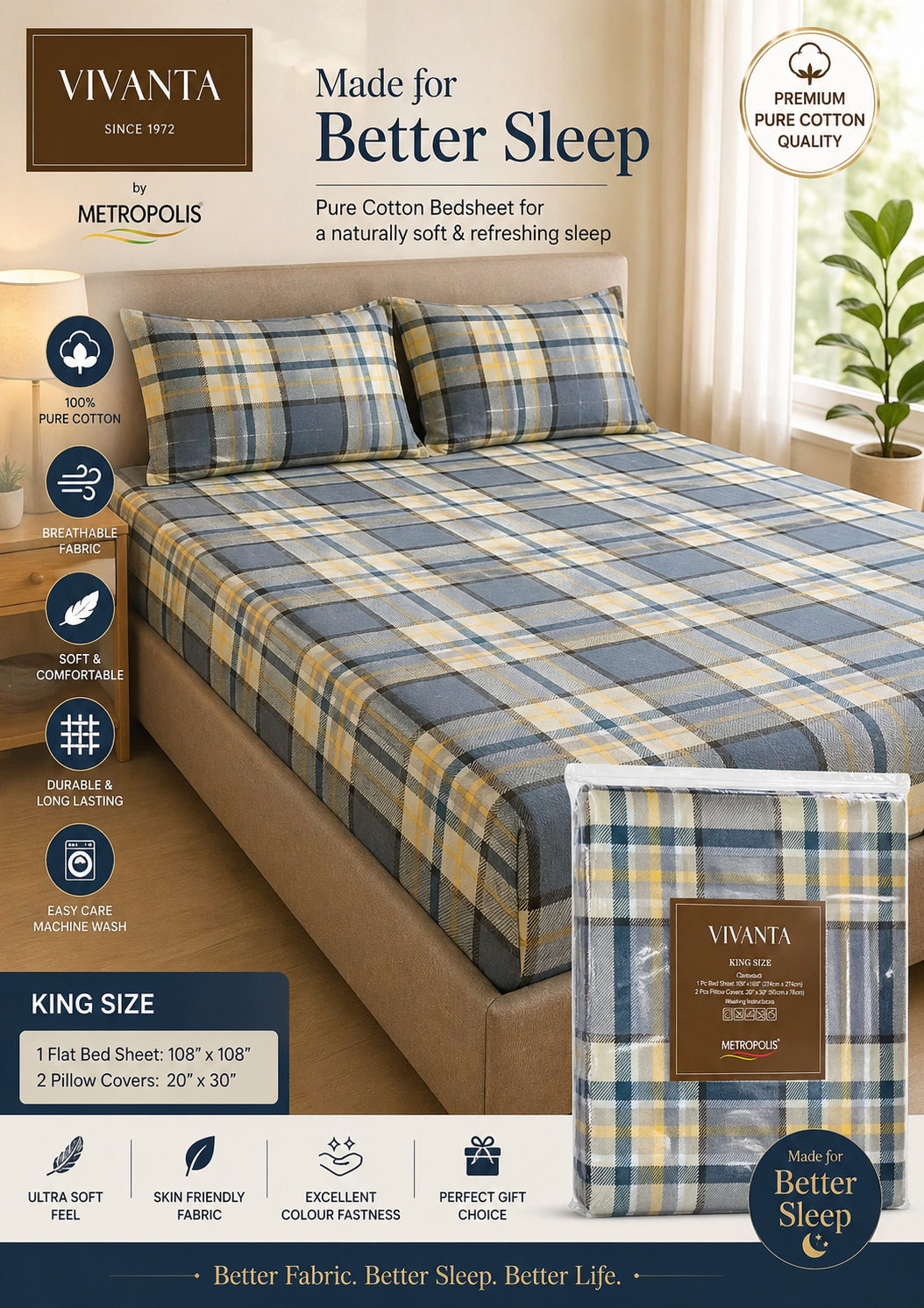 King Size Pure Cotton Bedsheet with 2 Pillow Covers | Premium Soft & Breathable Bed Sheet Set by Metropolis Vivanta
