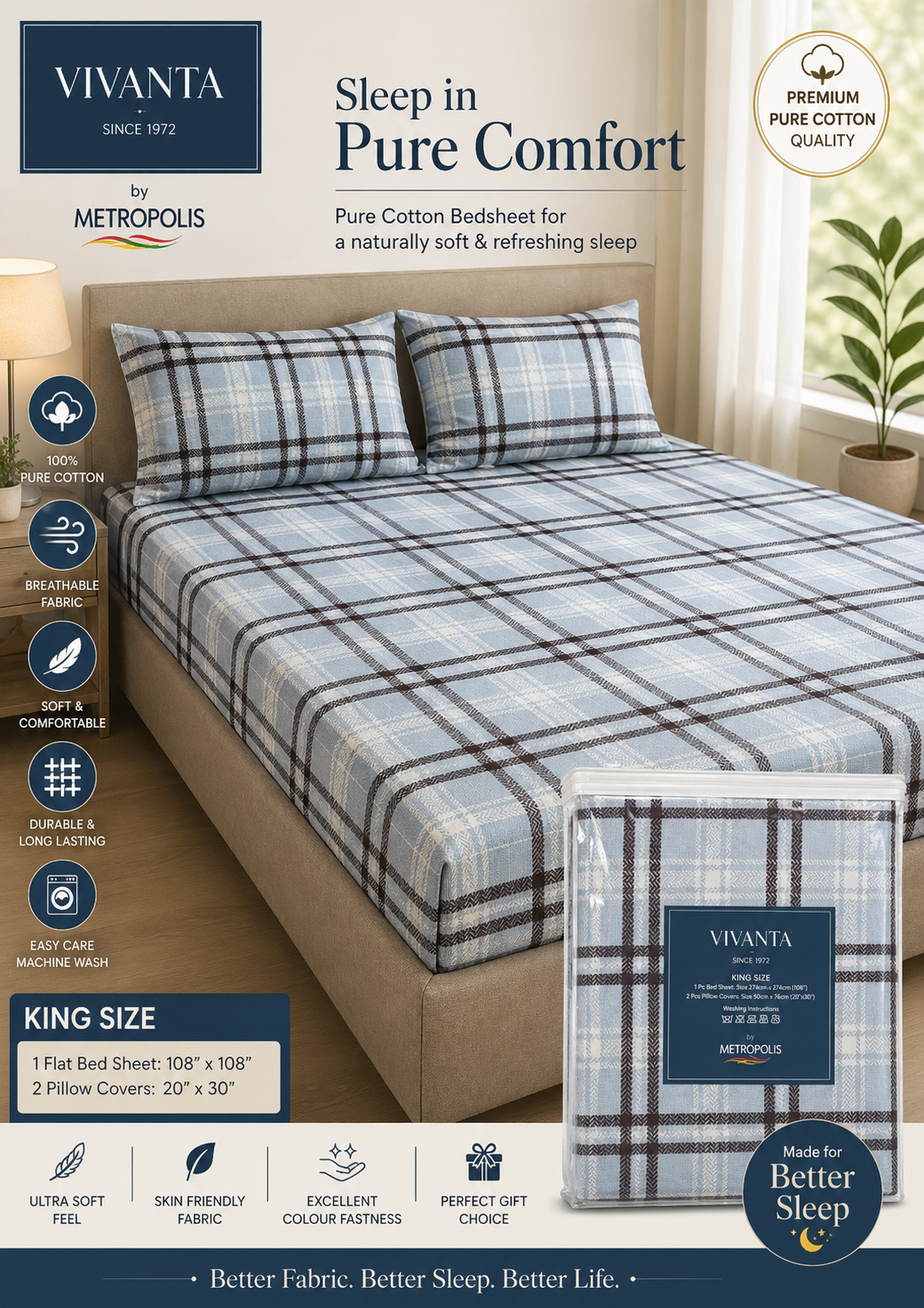 King Size Pure Cotton Bedsheet with 2 Pillow Covers | Premium Soft & Breathable Bed Sheet Set by Metropolis Vivanta