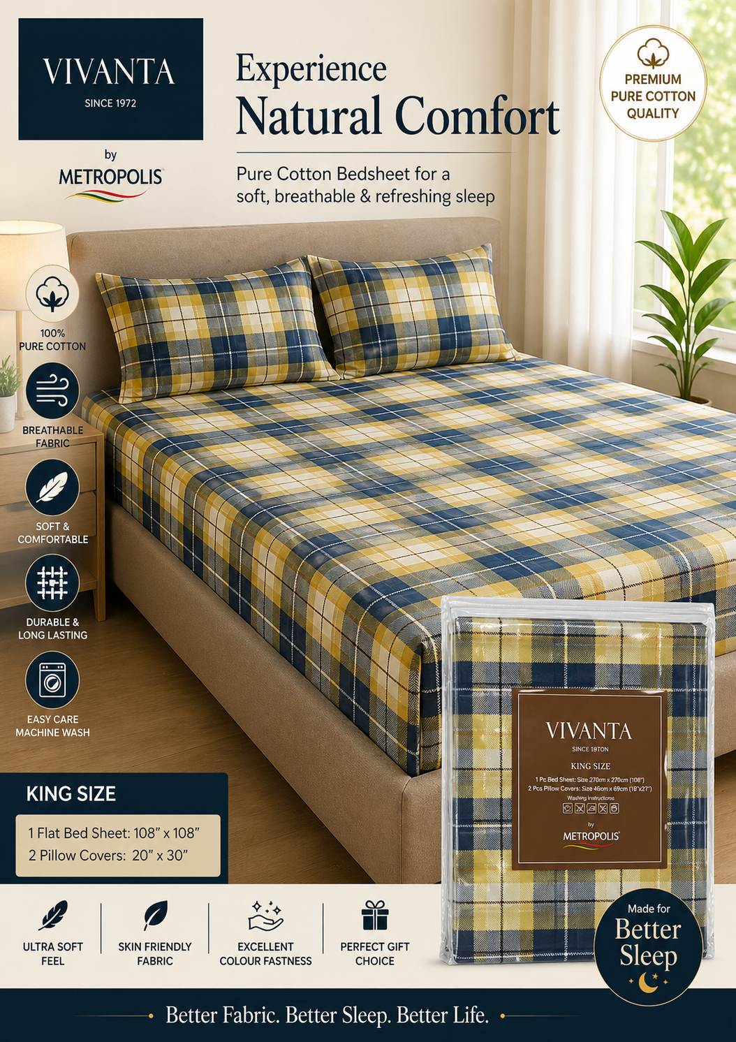 King Size Pure Cotton Bedsheet with 2 Pillow Covers | Premium Soft & Breathable Bed Sheet Set by Metropolis Vivanta