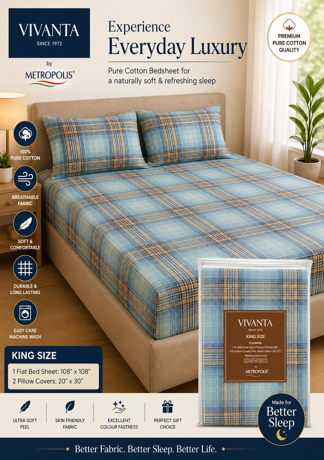 King Size Pure Cotton Bedsheet with 2 Pillow Covers | Premium Soft & Breathable Bed Sheet Set by Metropolis Vivanta