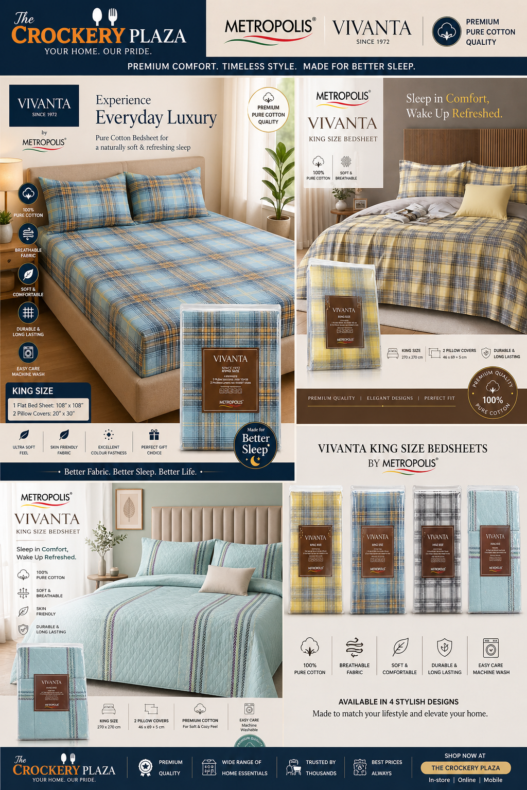 King Size Pure Cotton Bedsheet with 2 Pillow Covers | Premium Soft & Breathable Bed Sheet Set by Metropolis Vivanta