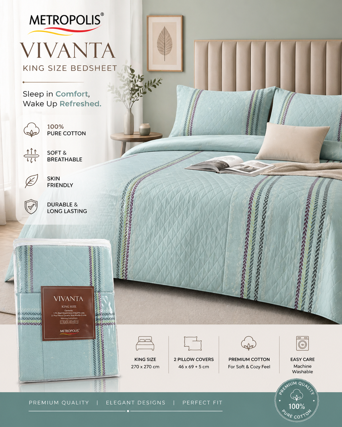 King Size Pure Cotton Bedsheet with 2 Pillow Covers | Premium Soft & Breathable Bed Sheet Set by Metropolis Vivanta