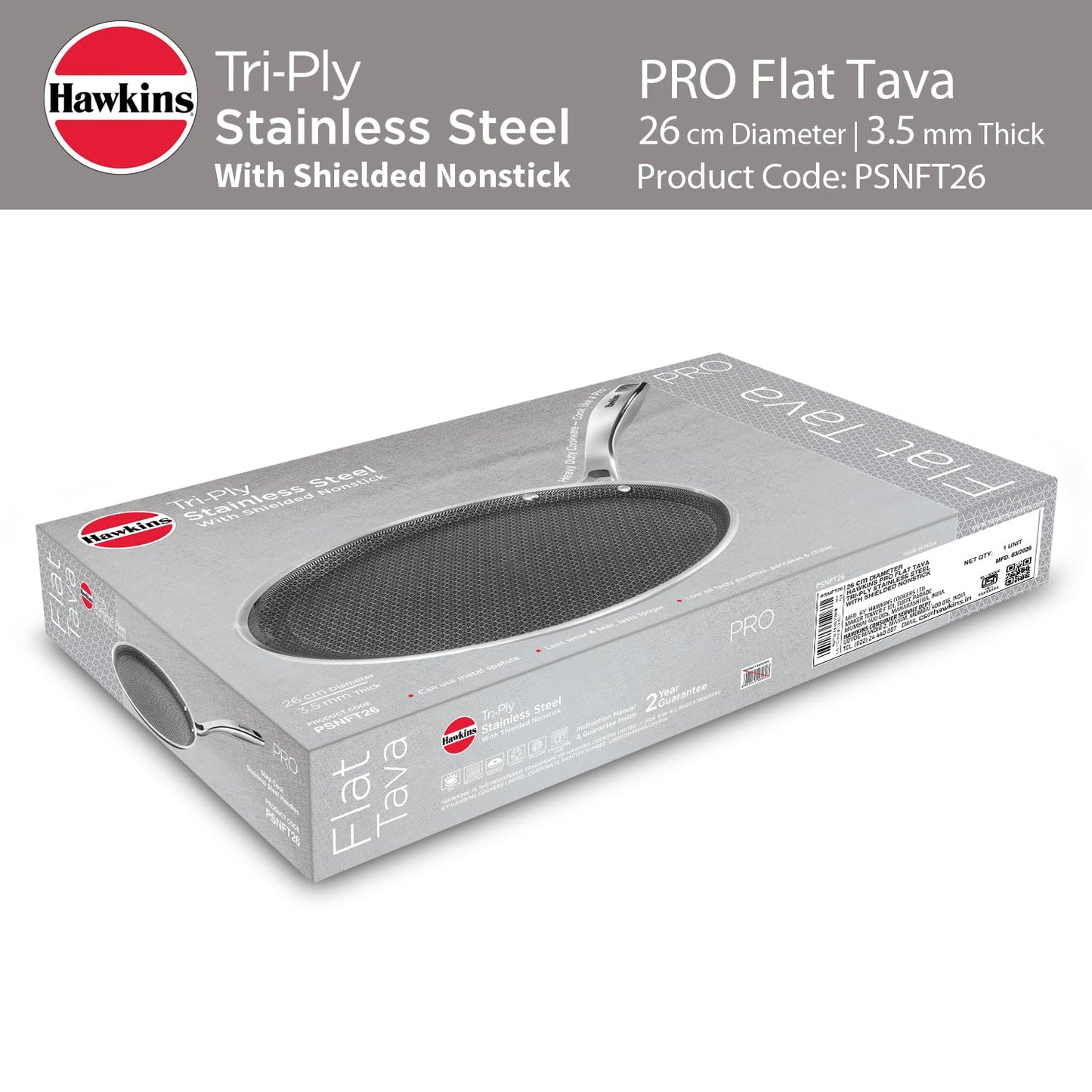 Hawkins Pro 26 cm Tri-Ply Stainless Steel with Shielded Nonstick Induction Flat Tava, Tawa with Stainless Steel Handle, Silver (PSNFT26)