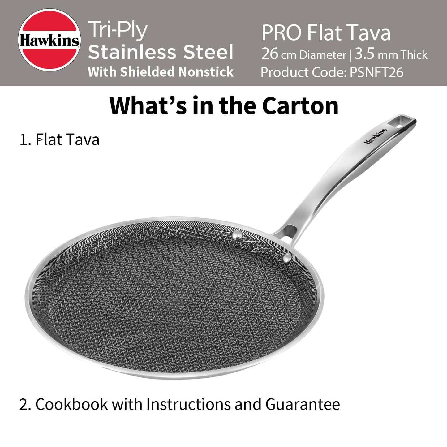 Hawkins Pro 26 cm Tri-Ply Stainless Steel with Shielded Nonstick Induction Flat Tava, Tawa with Stainless Steel Handle, Silver (PSNFT26)