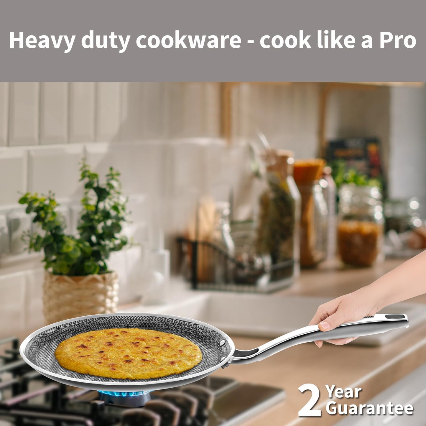 Hawkins Pro 26 cm Tri-Ply Stainless Steel with Shielded Nonstick Induction Flat Tava, Tawa with Stainless Steel Handle, Silver (PSNFT26)