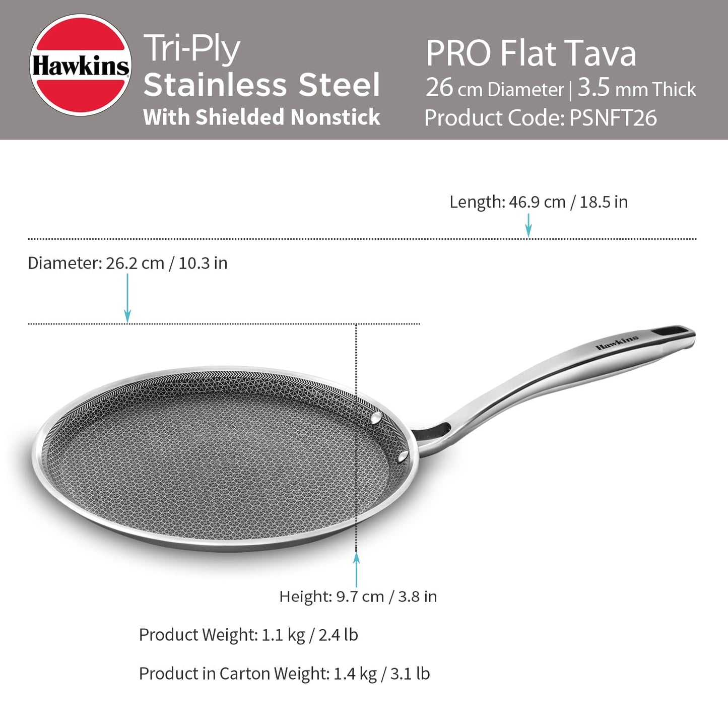 Hawkins Pro 26 cm Tri-Ply Stainless Steel with Shielded Nonstick Induction Flat Tava, Tawa with Stainless Steel Handle, Silver (PSNFT26)